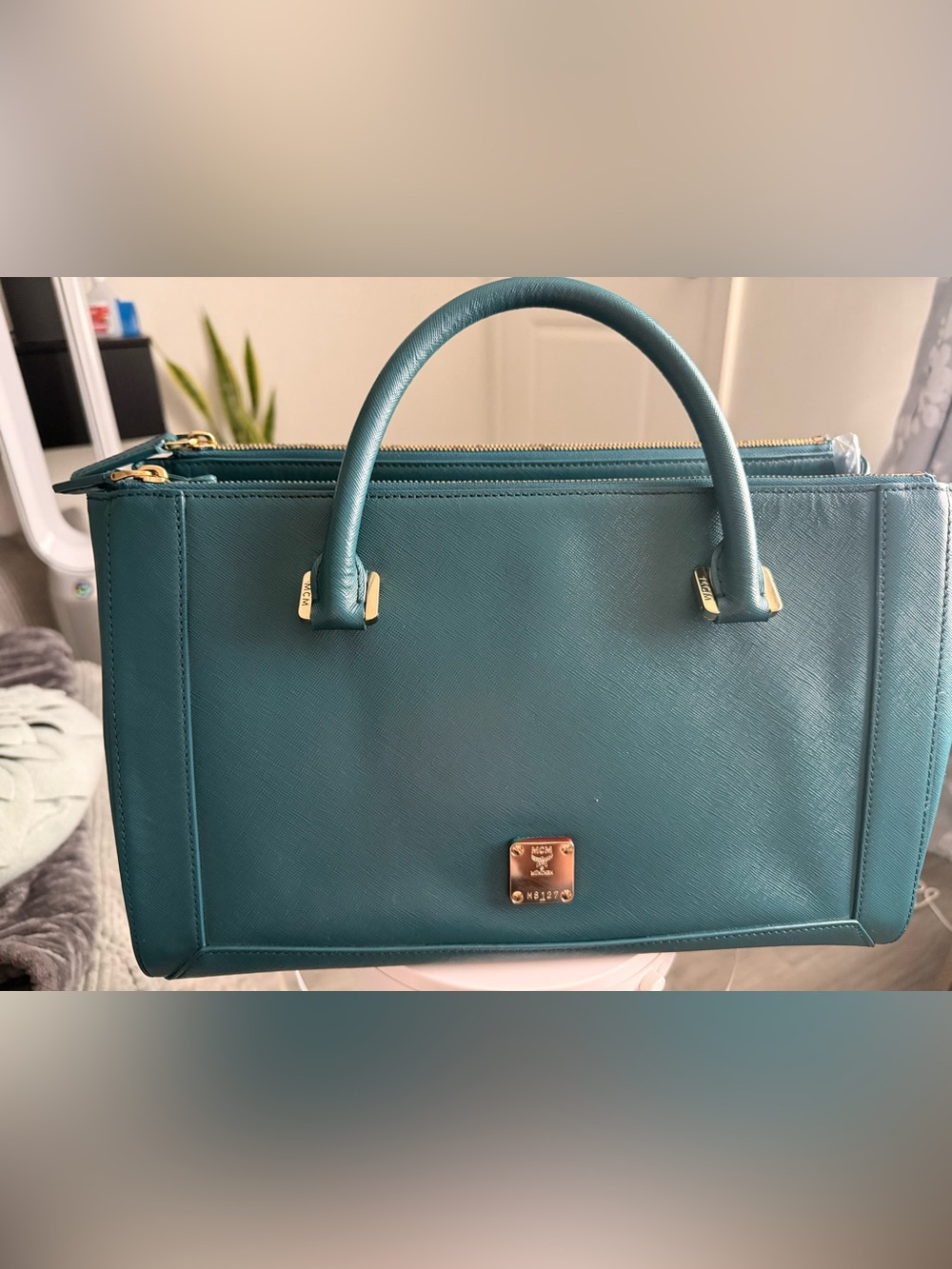 Pre-owned MCM Teal Saffiano Leather Satchel with Gold Hardware